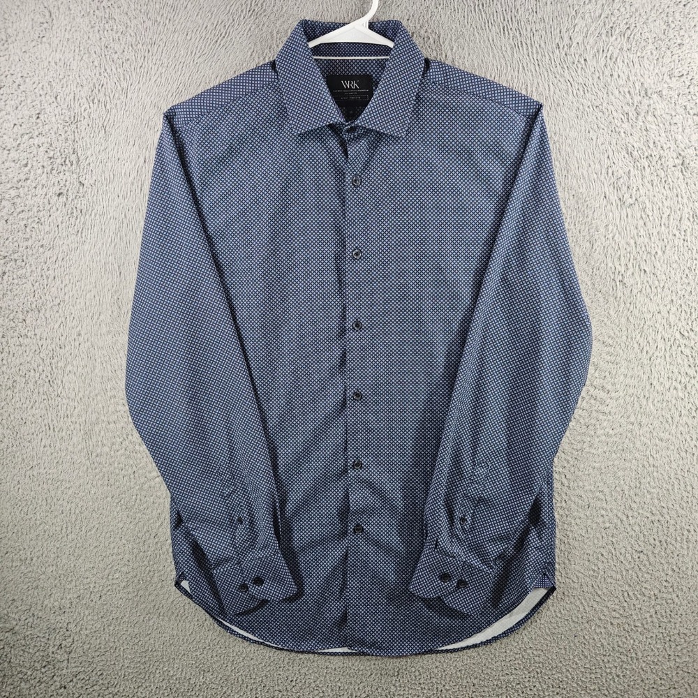 WRK NYC Mens Blue Geometric Print 4-Way Stretch Long Sleeve Button Down Shirt 16